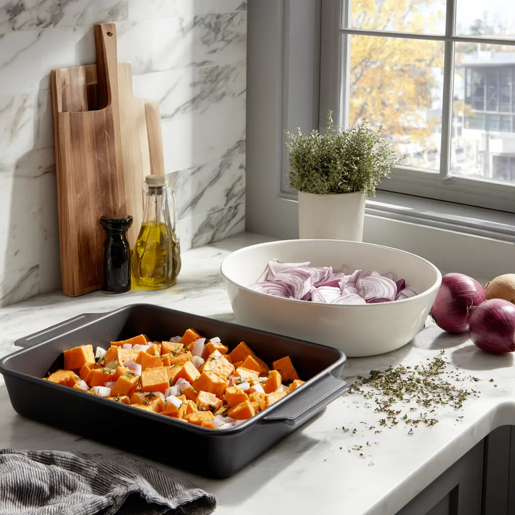 Roasted Chicken and Sweet Potatoes Recipe 3 Sweet potato cubes and red onion slices are being tossed