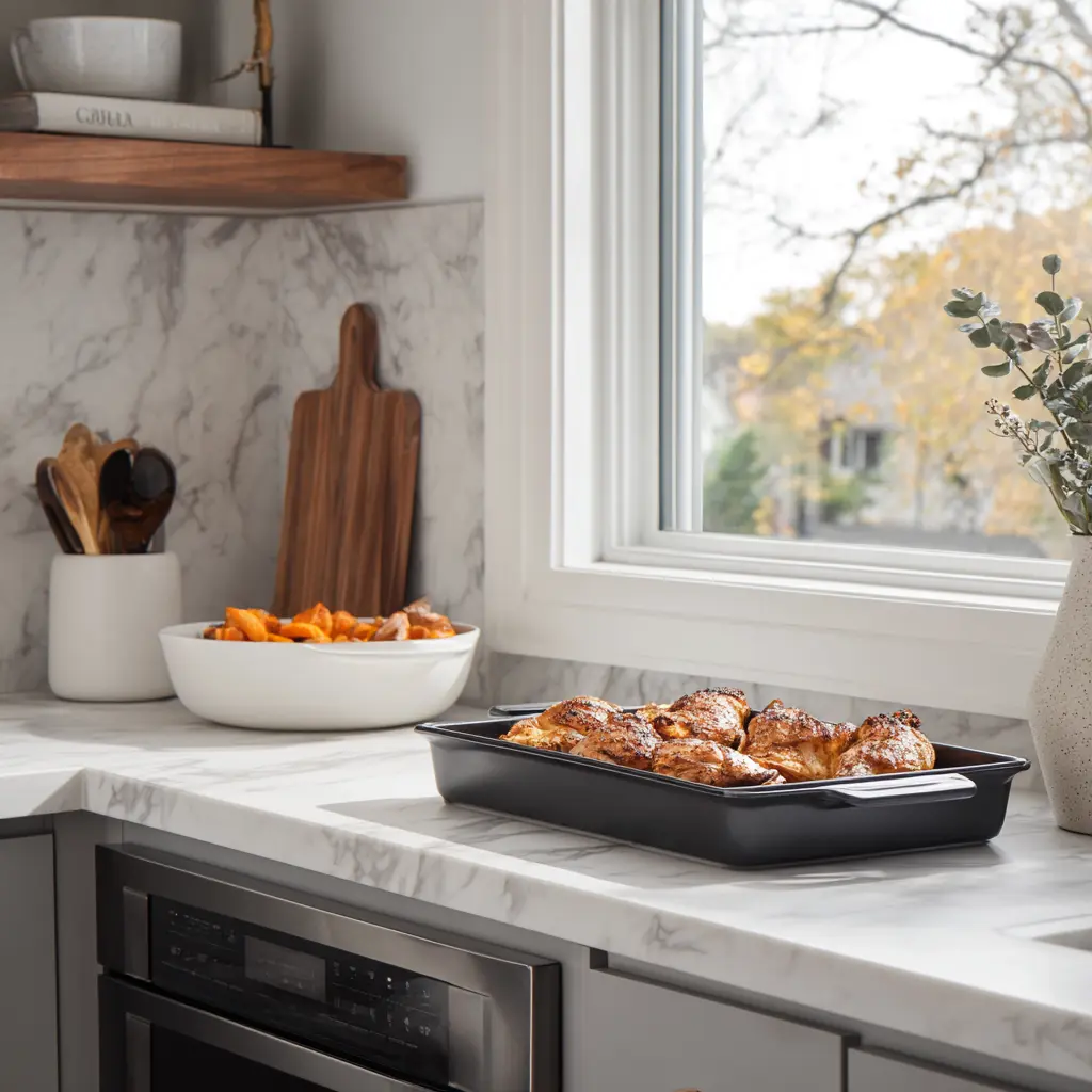 Roasted Chicken and Sweet Potatoes Recipe 4 black baking sheet holds seasoned chicken thighs and sweet potatoes ready for roasting