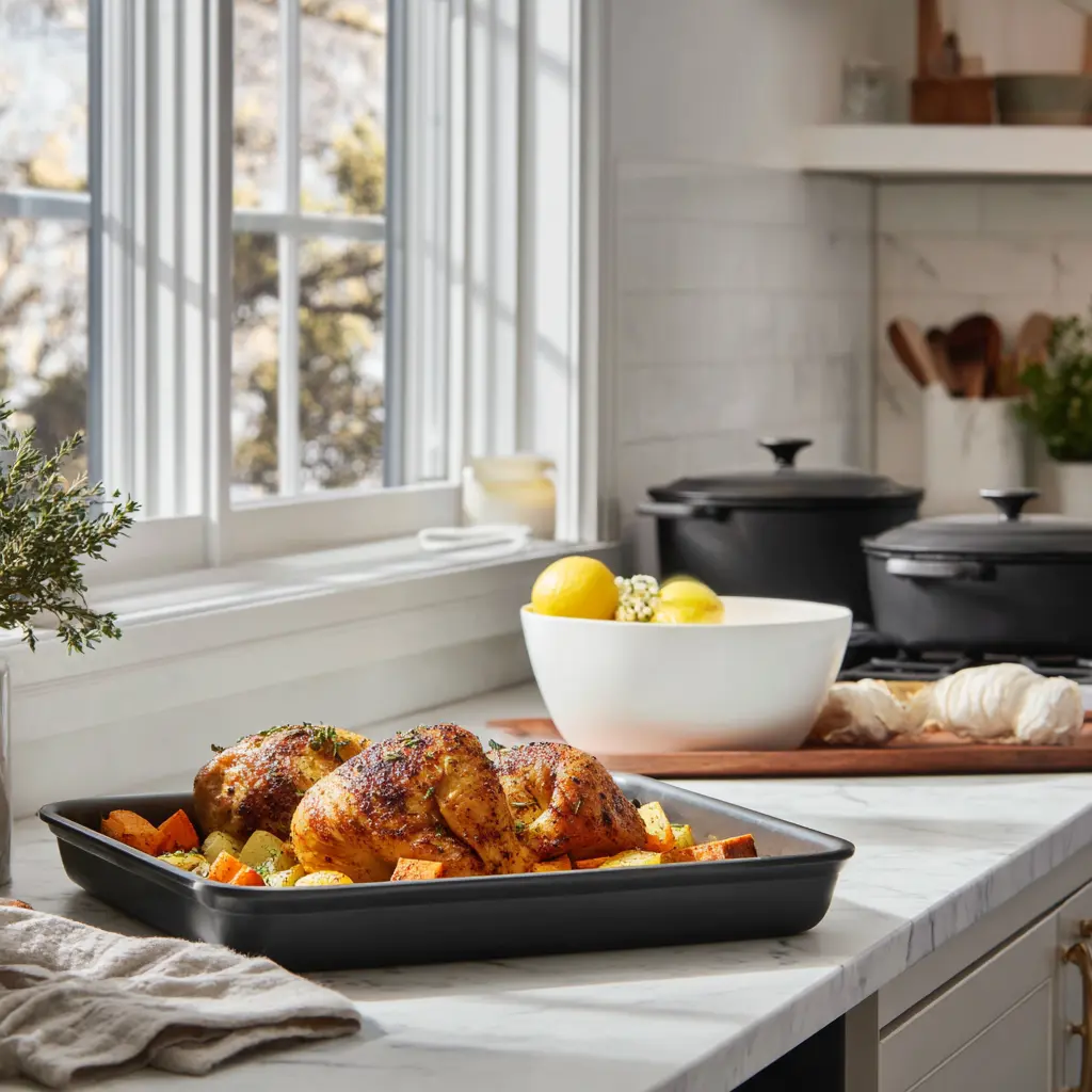 Roasted Chicken and Sweet Potatoes Recipe 5 roasted chicken and sweet potatoes tray sits