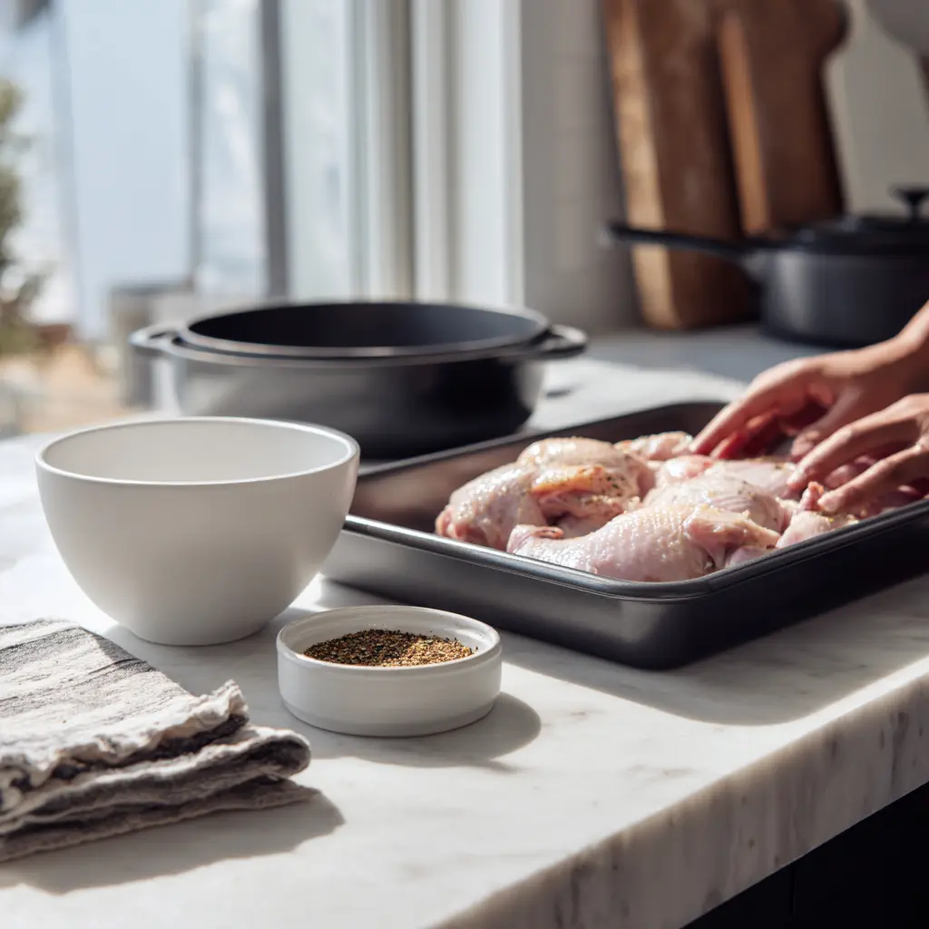 Roasted Chicken and Sweet Potatoes Recipe 2 hands rub seasoning onto chicken thighs