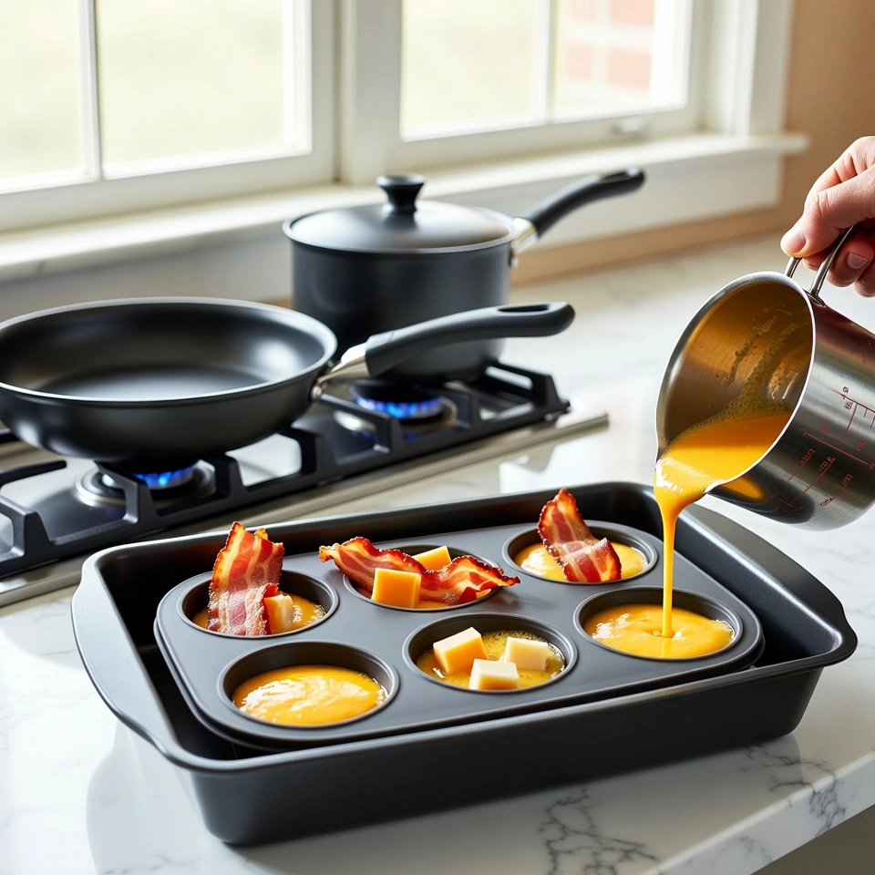 filling the mold with mixture for Starbucks Egg Bites Recipe