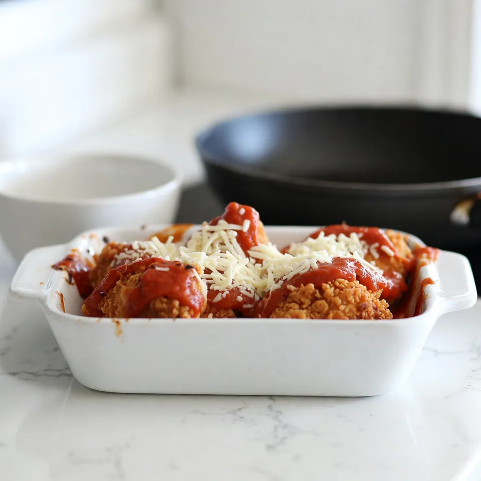 baking dish holds chicken topped with red marinara and shredded mozzarella