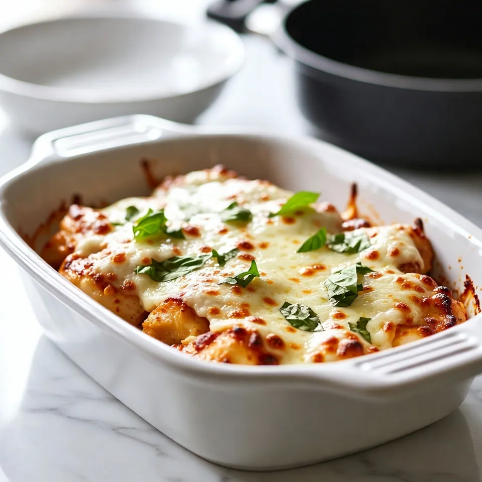 A baked chicken parmesan dish sits on the counter, topped with melted golden cheese and fresh basil