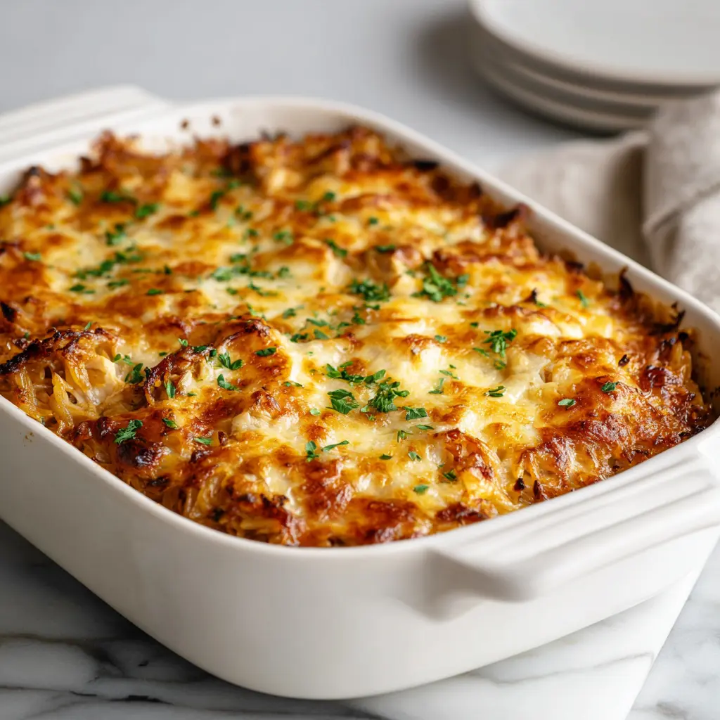 French Onion Chicken Orzo Casserole
