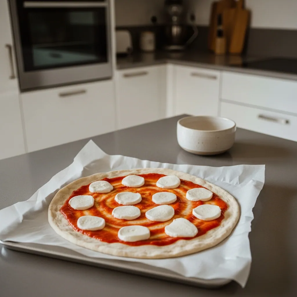 Margherita Pizza Recipe 4 adding sauce and cheese on the dough