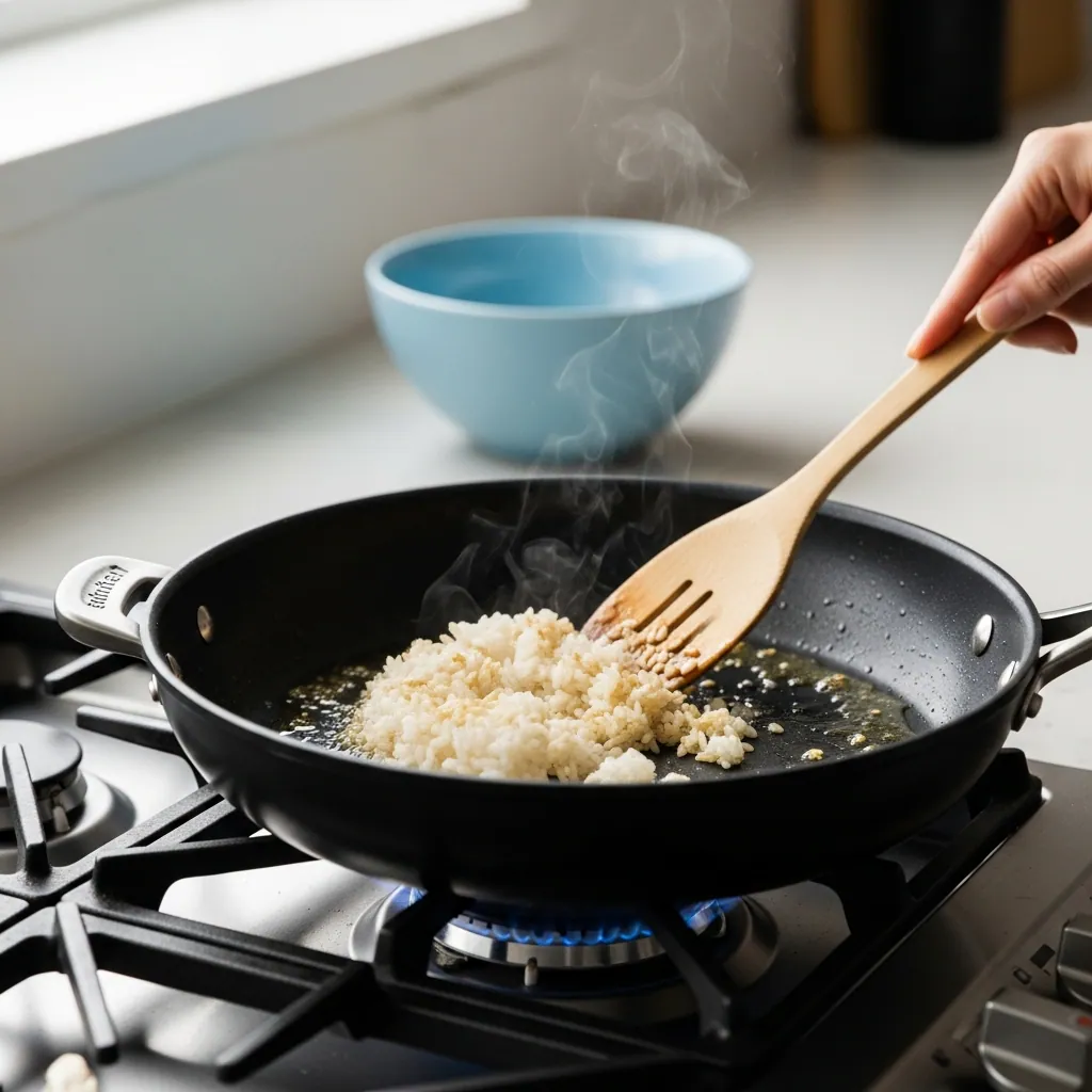 toasting the rice for Mexican Rice 