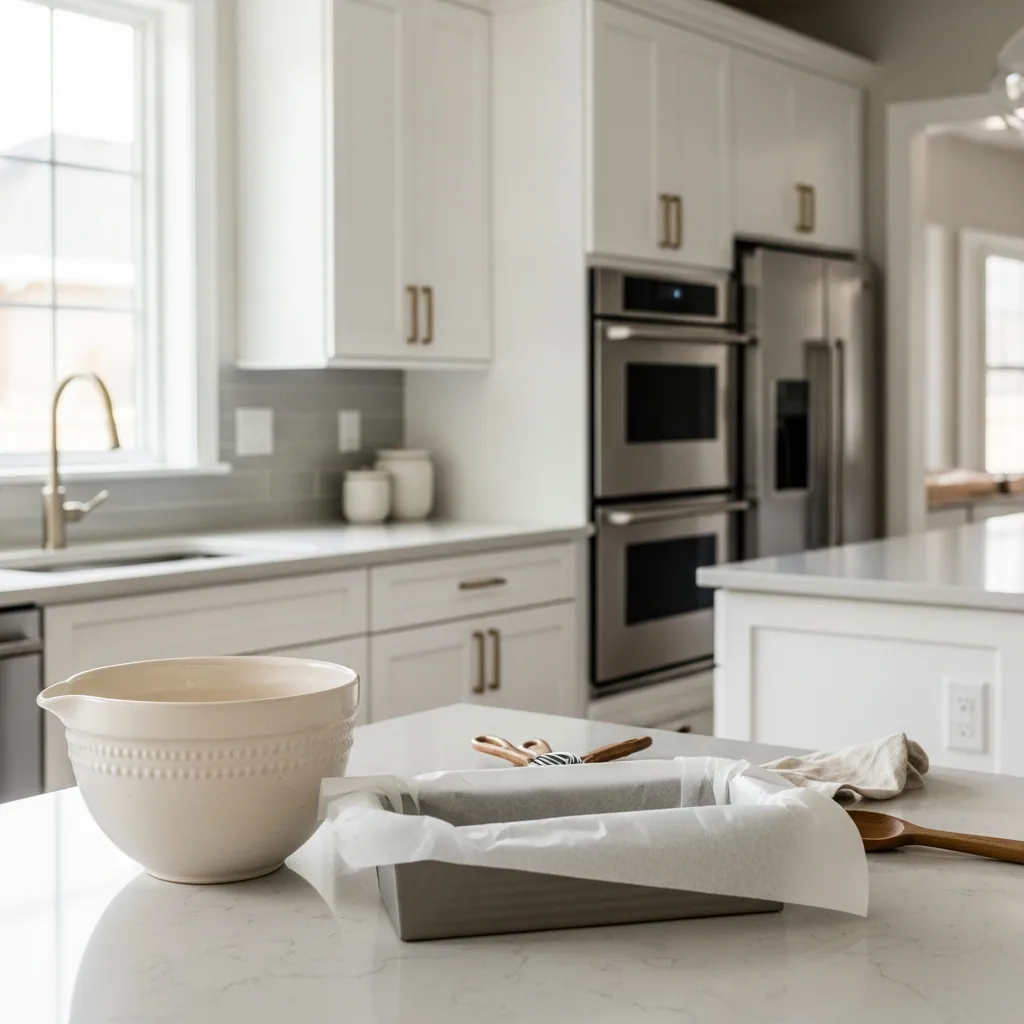 off-white ceramic mixing bowl placed on countertop next to a parchment-lined 9x5-inch metal loaf pan, parchment paper slightly overhanging edges, clean and minimal styling, wooden measuring spoons nearby