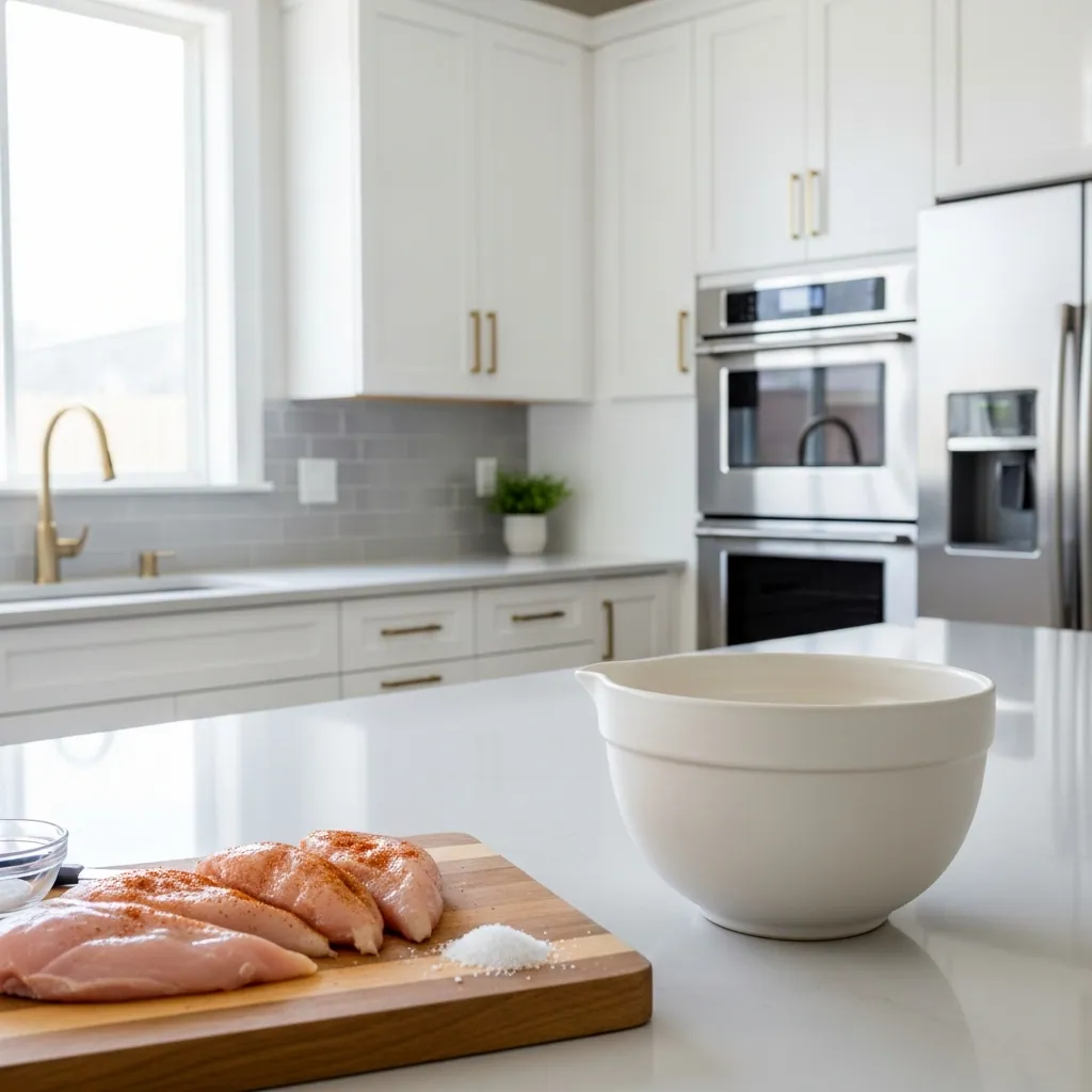 Marry Me Chicken Recipe 1 raw chicken breasts being seasoned with paprika and salt on wooden cutting board