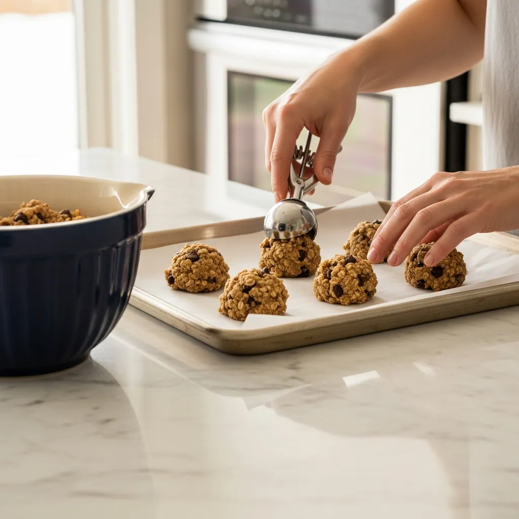 scooping the  Oatmeal Chocolate Chip Cookie dough