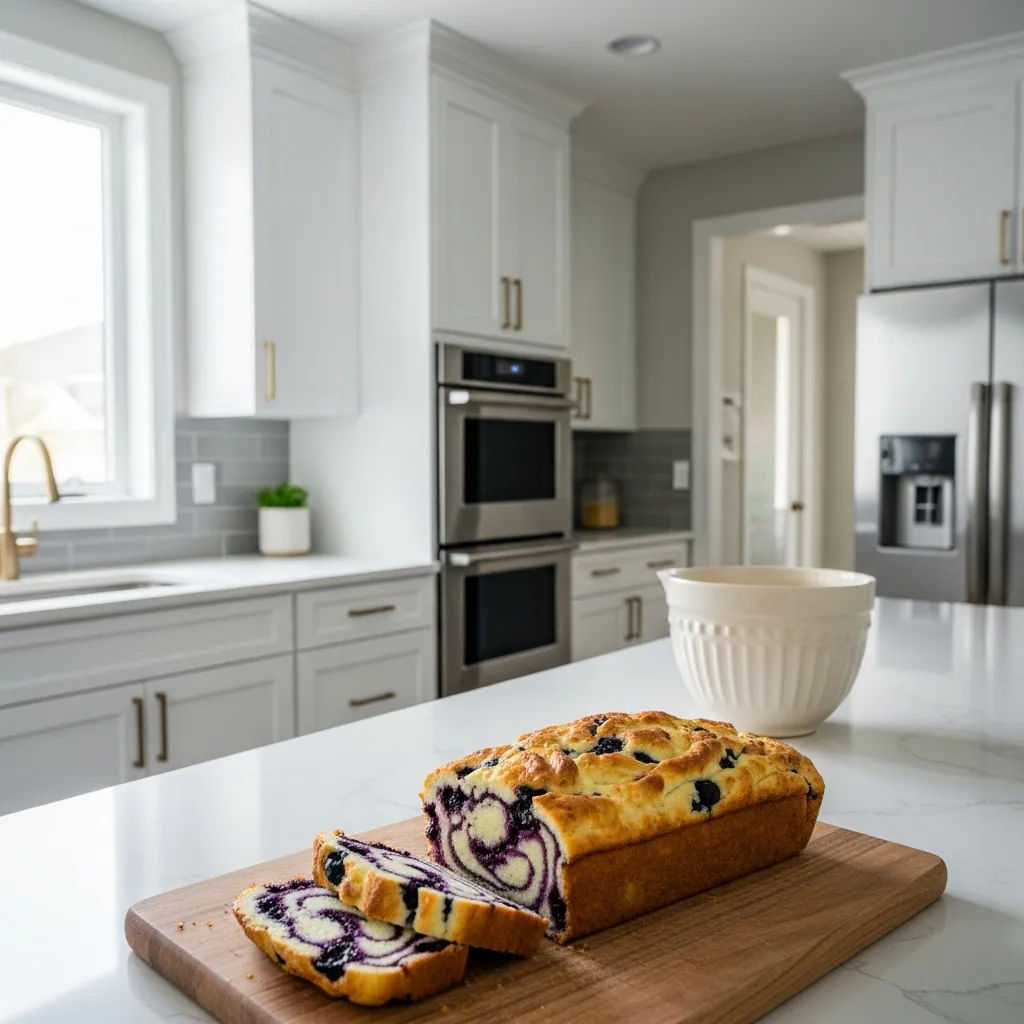 fully baked blueberry cream cheese loaf sliced neatly on wooden cutting board showing marbled cream cheese swirl and blueberries
