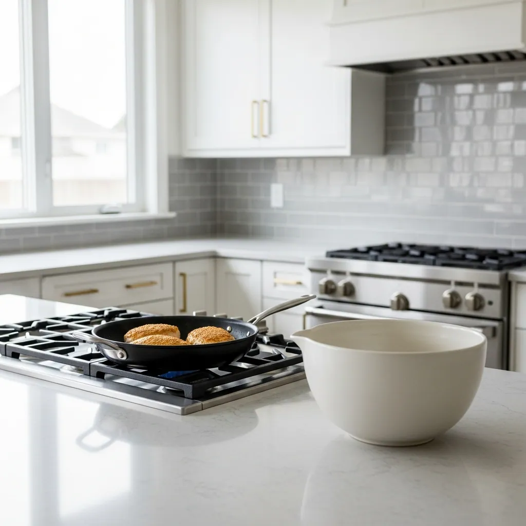 Marry Me Chicken Recipe 2 chicken breasts searing in stainless steel skillet on stovetop with golden crust forming,