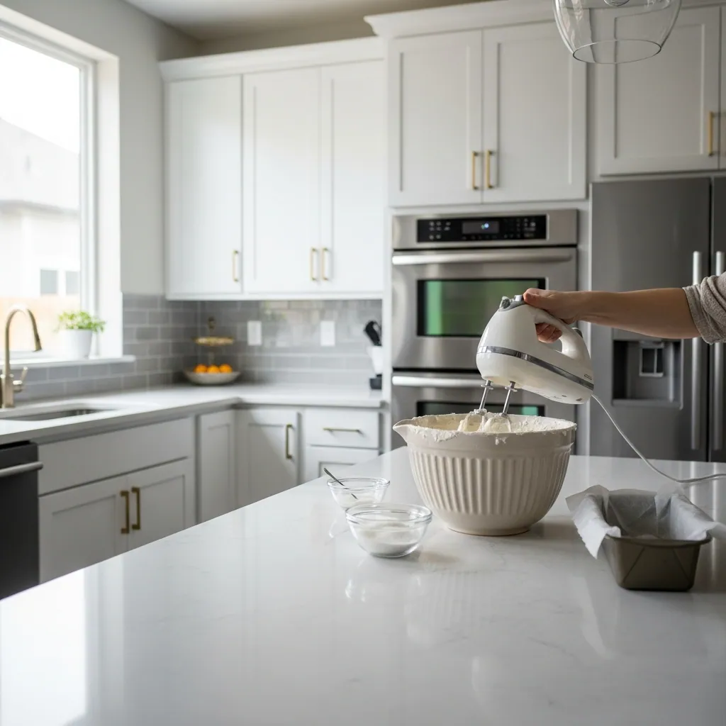 off-white ceramic mixing bowl on countertop filled with smooth cream cheese mixture being mixed with handheld mixer, small glass bowl of sugar nearby,