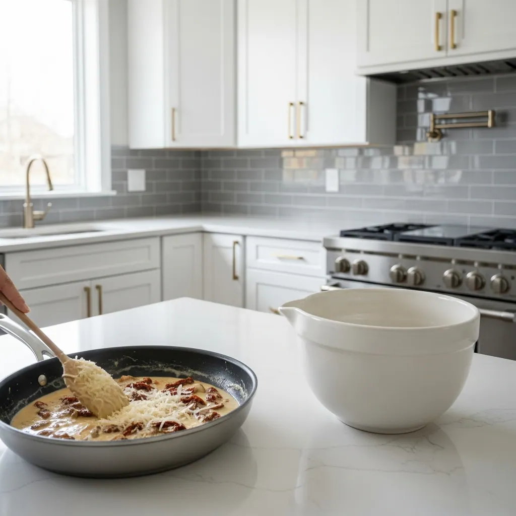 Marry Me Chicken Recipe 4 creamy sauce in skillet being mixed with sun-dried tomatoes and parmesan cheese