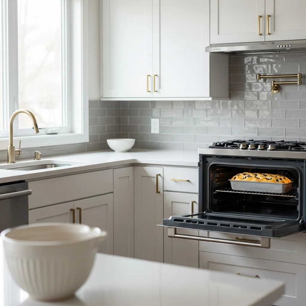 stainless steel oven door open revealing golden blueberry cream cheese loaf baking inside metal loaf pan