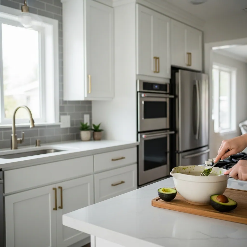 Guacamole Recipe 1 off-white ceramic mixing bowl on countertop filled with fresh avocado halves being mashed with a fork