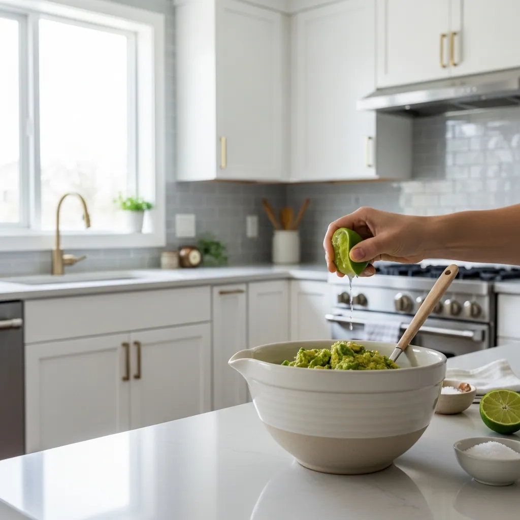 Guacamole Recipe 2 off-white ceramic mixing bowl containing mashed avocado while fresh lime juice is being squeezed over it