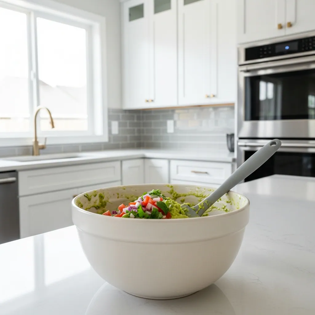 Guacamole Recipe 3 off-white ceramic mixing bowl filled with green guacamole mixture while diced tomatoes, red onion, and cilantro are being folded in with spatula