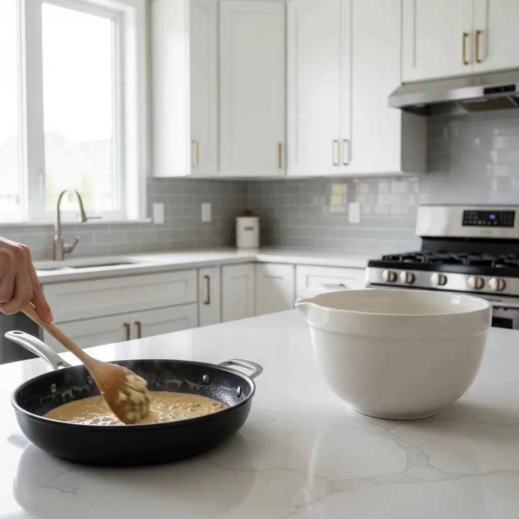 Marry Me Chicken Recipe 3 creamy sauce being stirred in stainless steel skillet with garlic and broth visible