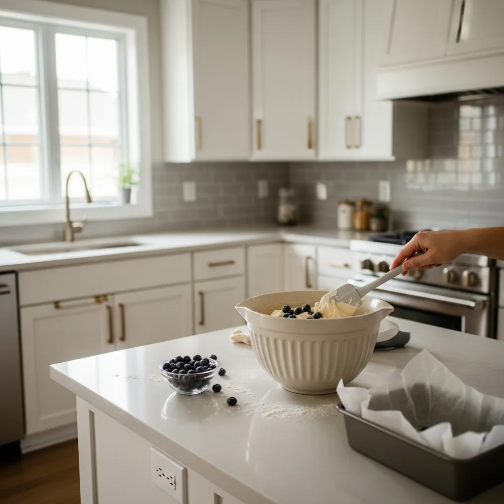 off-white ceramic mixing bowl filled with pale cake batter and fresh blueberries being folded in with silicone spatula, small bowl of flour-dusted blueberries nearby