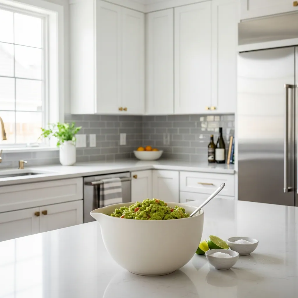 Guacamole Recipe 4 off-white ceramic mixing bowl of finished guacamole on countertop with spoon resting inside, small bowls of lime wedges and salt nearby