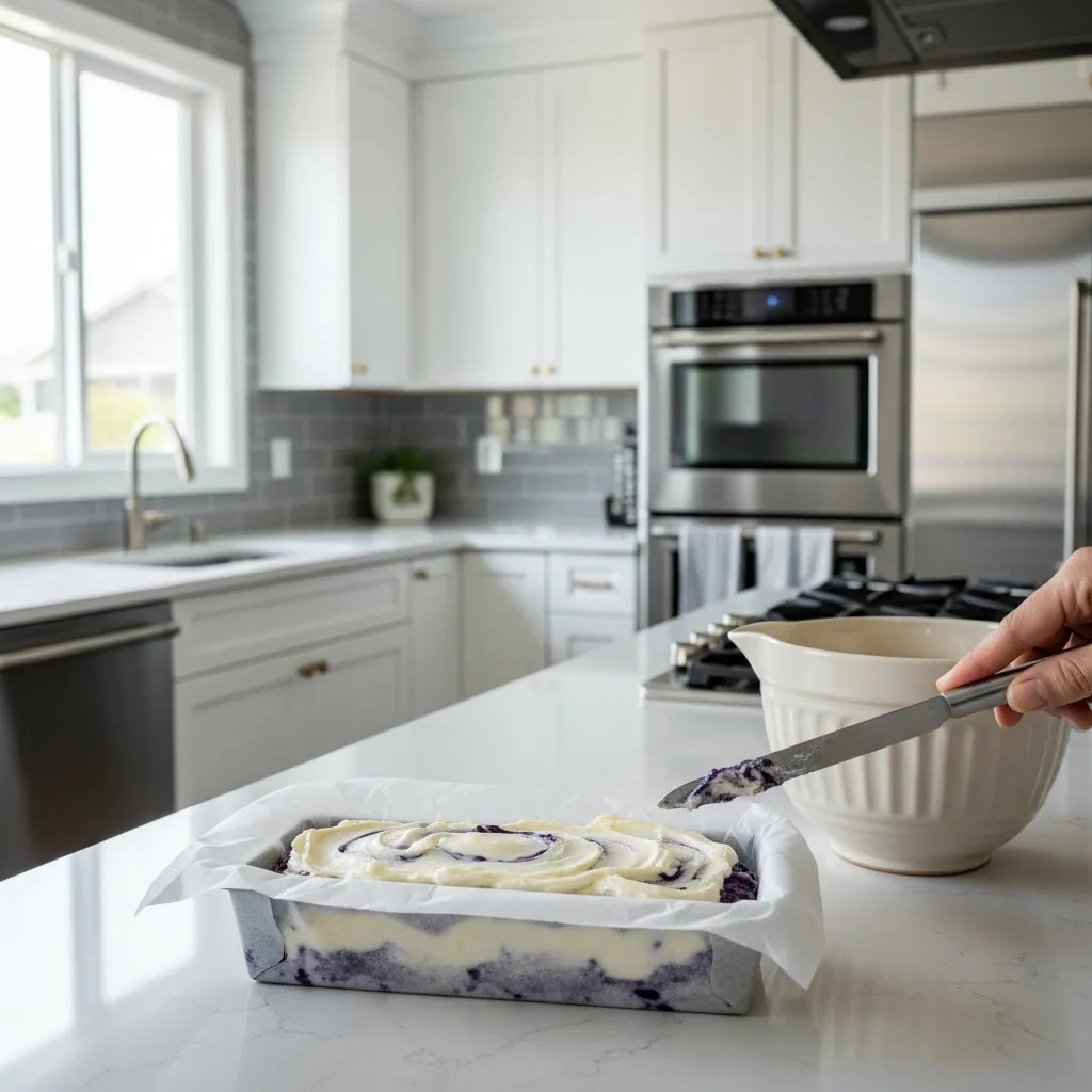 parchment-lined 9x5-inch loaf pan filled halfway with blueberry batter, cream cheese layer spread on top, knife creating gentle swirl pattern through layers