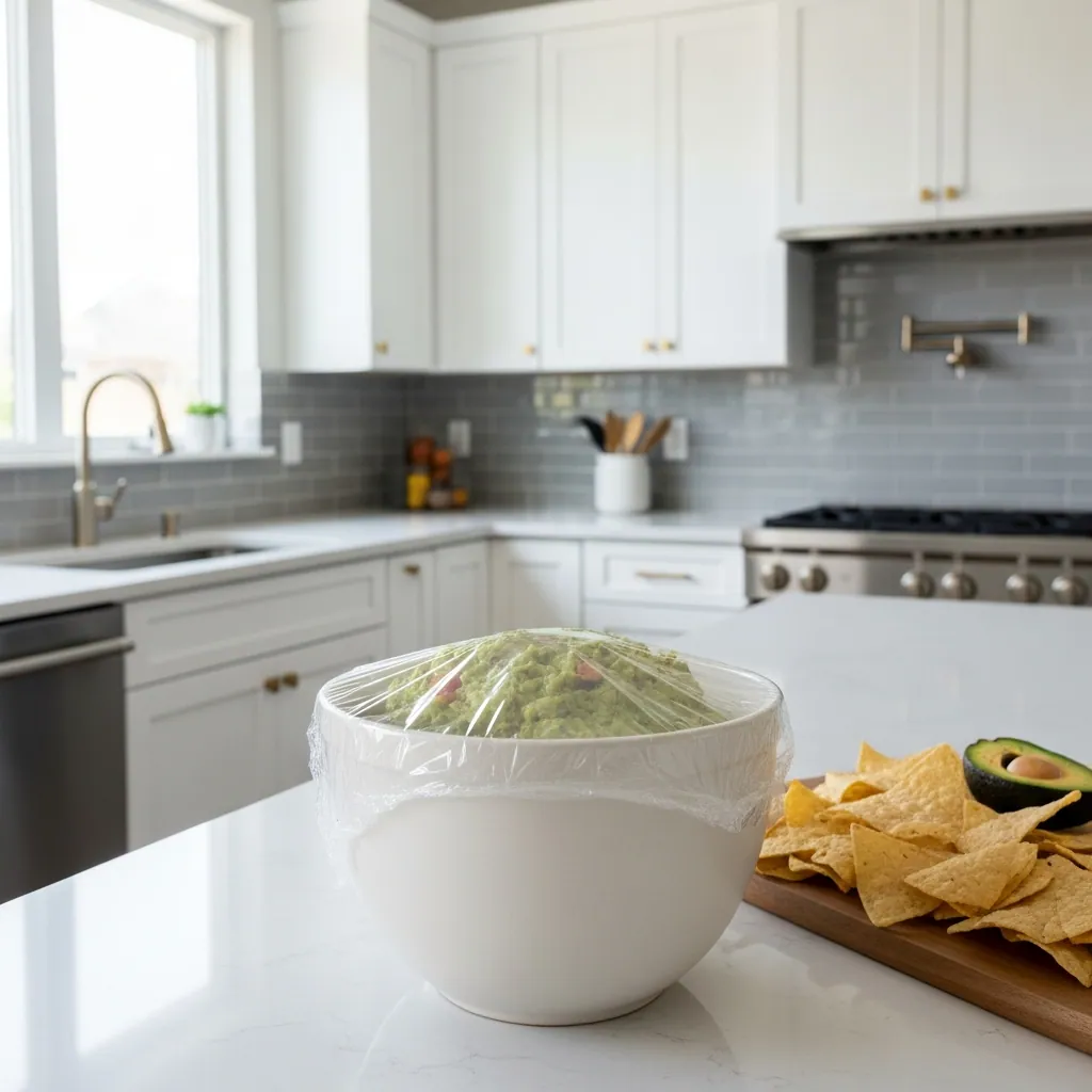 Guacamole Recipe 5 ff-white ceramic mixing bowl filled with guacamole covered tightly with plastic wrap pressed against surface, tortilla chips arranged on plate nearby