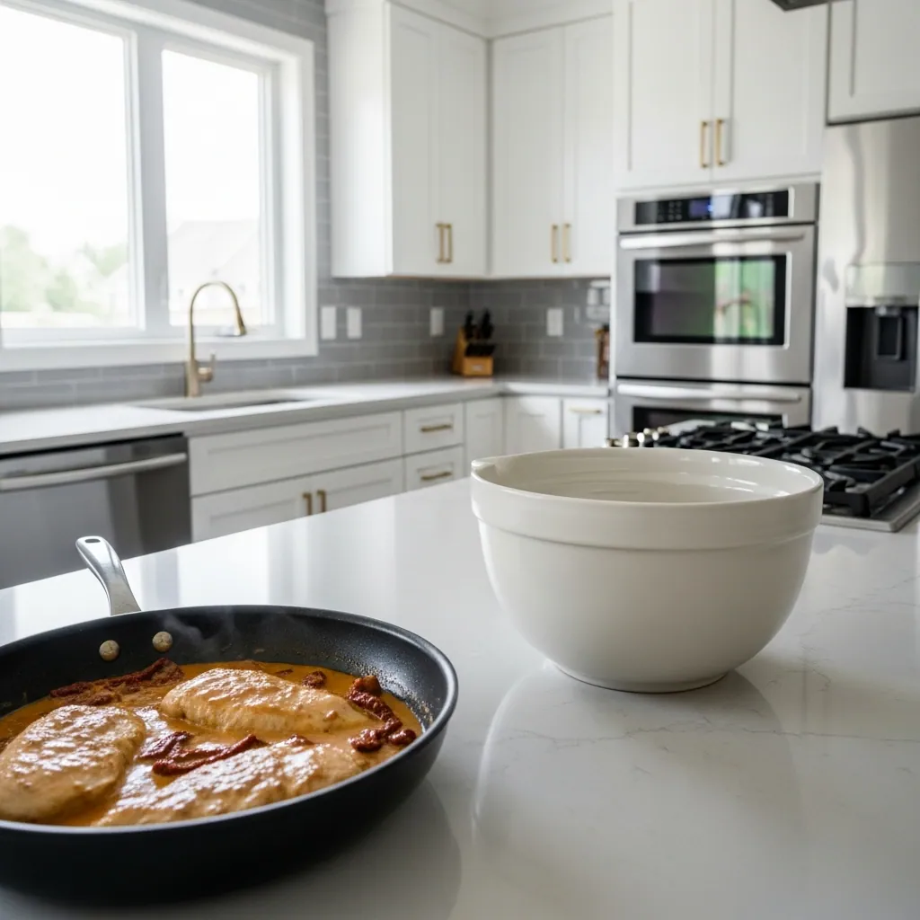 Marry Me Chicken Recipe 5 chicken breasts simmering in creamy sun-dried tomato sauce inside skillet