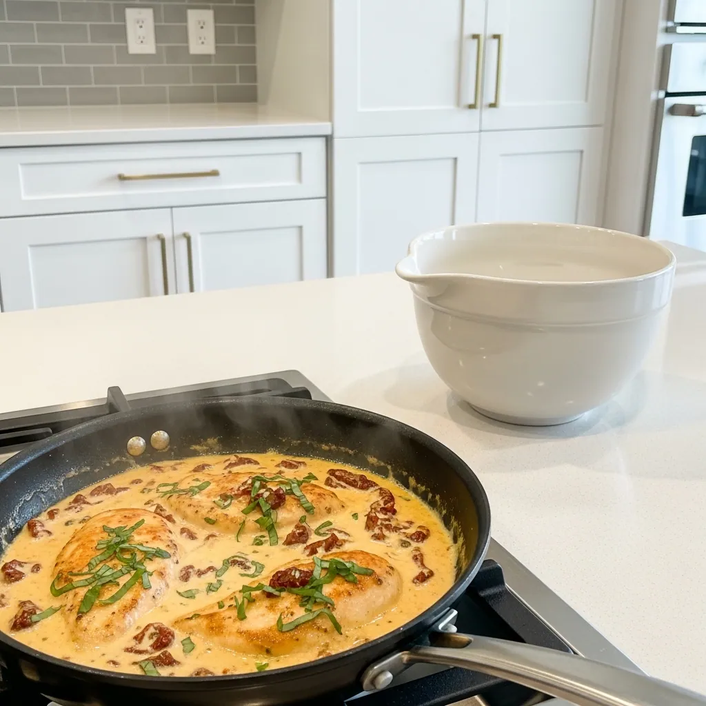 Marry Me Chicken Recipe 6 skillet filled with creamy marry me chicken garnished with fresh basil leaves